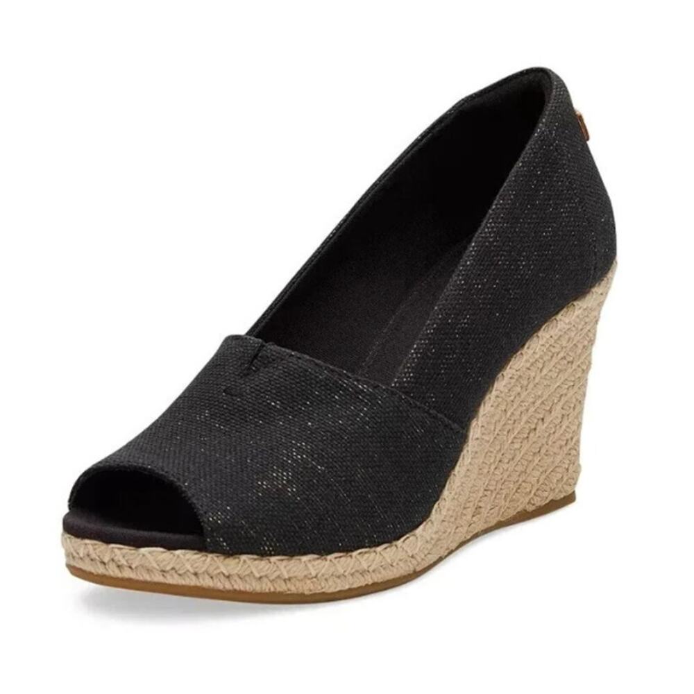 Toms Womens Michelle Wedge Sandals Size 8.5 EU 39 Black Cotton Espadrille NWOB